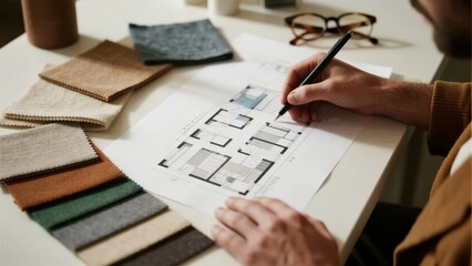 Person reviewing and annotating a floor plan with fabric samples on a desk