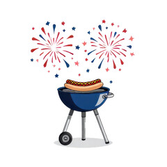 Hot Dog on a Blue Grill with Red White and Blue Fireworks