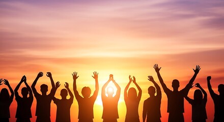 Fototapeta premium Silhouette of people with arms raised against sunset