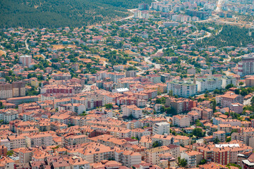 Fototapeta premium August 28, 2025 Yozgat Turkey. Aerial view of Yozgat City in Turkey. View of Yozgat city from Nohutlu Tepe Municipal Facilities.Yozgat State City Hospital is visible.