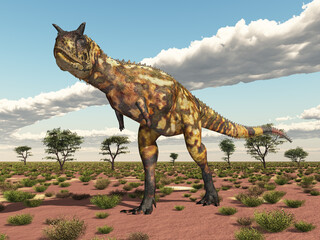 Fototapeta premium Dinosaurier Carnotaurus in einer Landschaft