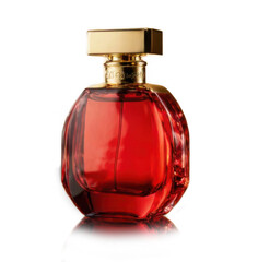 Red Faceted Perfume Bottle with Gold Cap on Transparent Background
