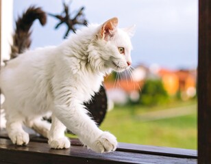 White kitten on a windowsill, looking outward
