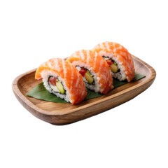 Three Salmon Sushi Rolls on Wooden Plate