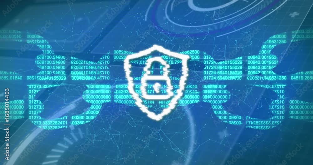 Poster Animation of digital shield with padlock and block chain on blue background