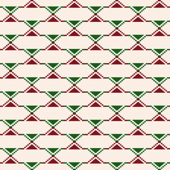 Christmas pattern of green and red pixel art on beige cream background. Geometric pattern seamless. Concept of bold, triangle, retro, festival, simplicity for texture, fabric texture, print, wallpaper