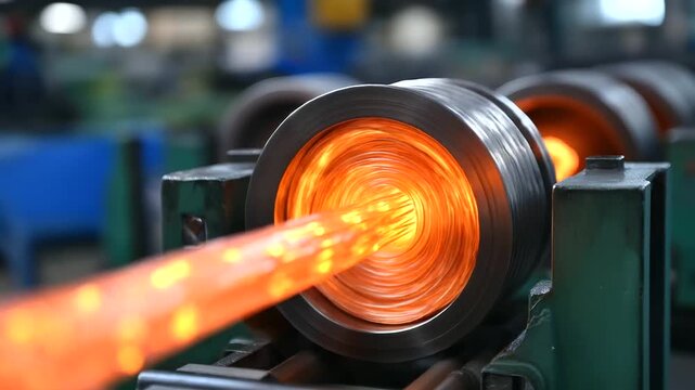 A fiber optic glass production facility draws ultra-pure glass into a hair-thin communication cable. The precision manufacturing process is shown as the glowing fiber is spooled, r