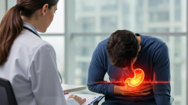Woman doctor consults man suffering from stomach ache with glowing organ and pulse line, medical examination footage.