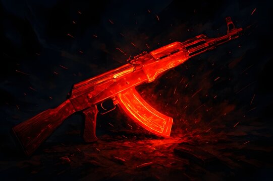 this time featuring the iconic AKM rifle in a stylized concept art scene. The weapon glows red-hot after a firefight, surrounded by dramatic shadows and flying sparks. It&rsquo;s a moment of raw intensity, 
