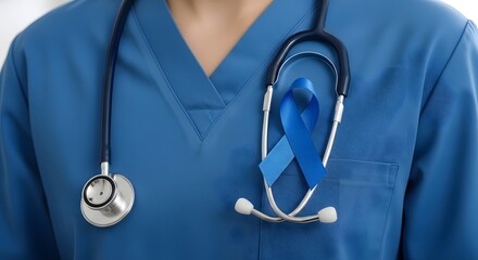 Nurse with Stethoscope and Blue Ribbon for Prostate Cancer Awareness
