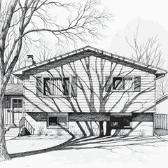 Fototapeta premium A detailed black and white sketch of a splitlevel suburban house with a prominent tree shadow cast across its facade.