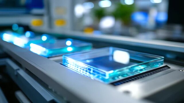 A glass wafer manufacturing facility produces specialized substrates for advanced semiconductor applications. The innovative, ultra-pure glass wafers are shown being inspected unde