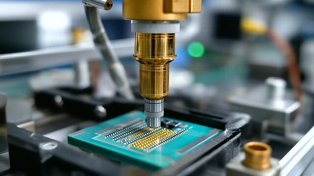 A semiconductor packaging facility shows the final assembly of integrated circuits. A wire bonding machine makes microscopic connections, and an encapsulation system protects the c