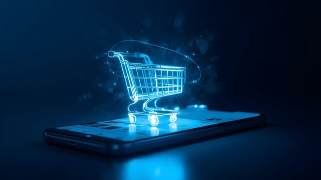 Futuristic glowing blue shopping cart hologram emerging from a sleek device representing modern online commerce and digital retail innovation
