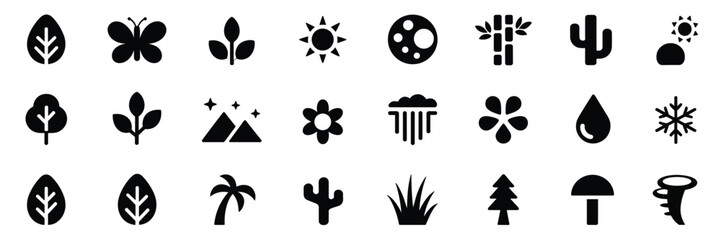 Nature & Environment Icon Set – Black Silhouette Symbols for Plants, Weather, and Wildlife Themes