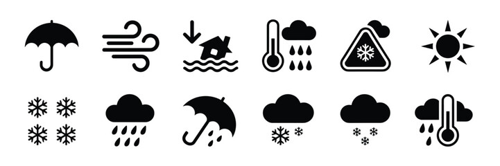 Weather & Climate Icon Set – Black Silhouette Symbols for Forecasting, Navigation, and Atmospheric Conditions