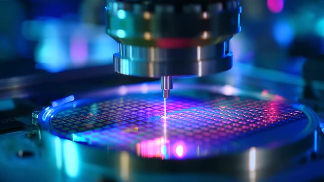 An ion implantation facility modifies the electrical properties of semiconductor materials. A focused beam of ions is shown bombarding a silicon wafer, a precision doping process t