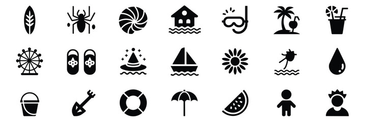 Ocean Adventure Icon Set – Black Silhouette Symbols for Marine Life, Sailing, and Nautical Themes