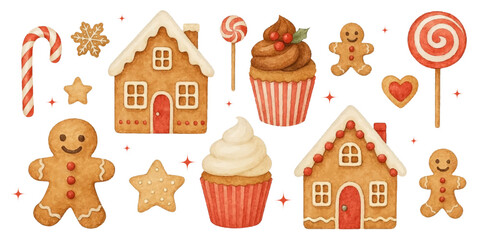 Christmas watercolor illustration set with gingerbread houses, cookies, cupcakes, candy canes, lollipops, caramel sweets, festive holiday elements, isolated on white background, perfect for packaging,