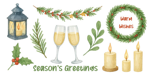 Watercolor Christmas set: champagne glasses, candles, lantern, fir wreath with red bow, branches with berries, festive garland, snowflakes. Winter holiday illustration, isolated on white background.	