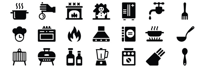 Cooking Icon Set – Black and White Line Art Symbols for Food Preparation and Kitchen Tools