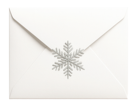White envelope with silver snowflake motif