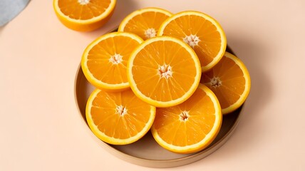 Fototapeta premium Overhead shot of a plate of vibrant orange slices on a peach background