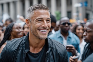 Fototapeta premium Smiling man enjoying a lively crowd in a city plaza during a sunny afternoon