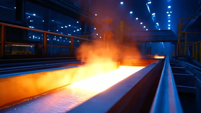 A modern glass furnace facility glows with intense heat, its interior a river of molten glass. An automated batch feeding system ensures a continuous supply of raw materials, while