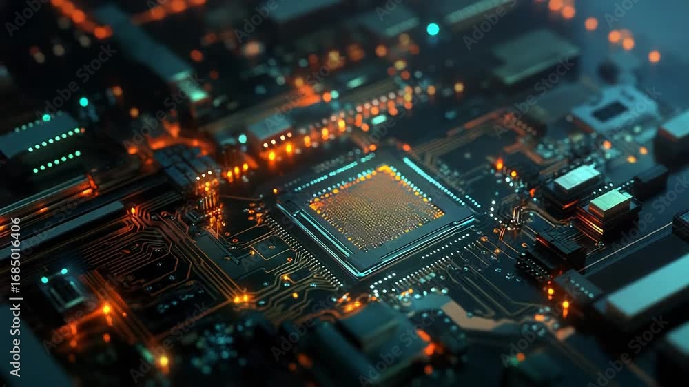 Poster cpu processing data on motherboard with glowing circuits
