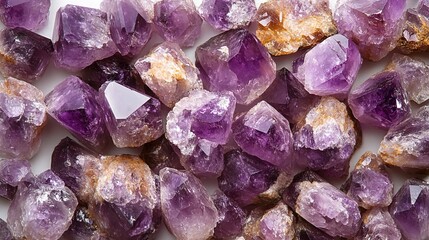 Fototapeta premium Cluster of Raw Amethyst Crystals on White Background 