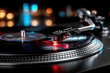 Vinyl record spinning on turntable with stylus capturing sound in a dimly lit room