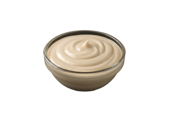 Creamy sauce in a clear glass bowl against a black background shows smooth texture and swirls.
