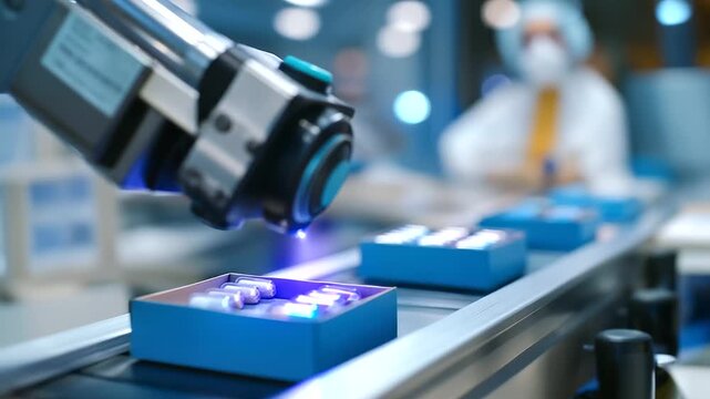 An automated pill packaging system uses vision inspection and serialization to ensure supply chain security. A robotic arm places blisters of pills into boxes, and a camera verifie
