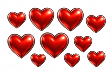 Glossy red hearts representing love and passion, floating on transparent backdrop, ideal for romantic graphic projects and valentine designs