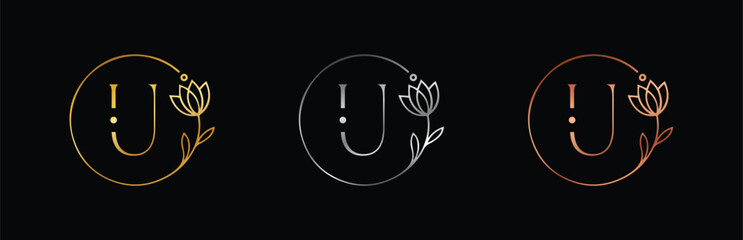 Elegant Gold, Silver & Rose Gold Letter U Logo Design. Hand-Drawn Floral Monogram for Feminine Branding and Wedding Invites.