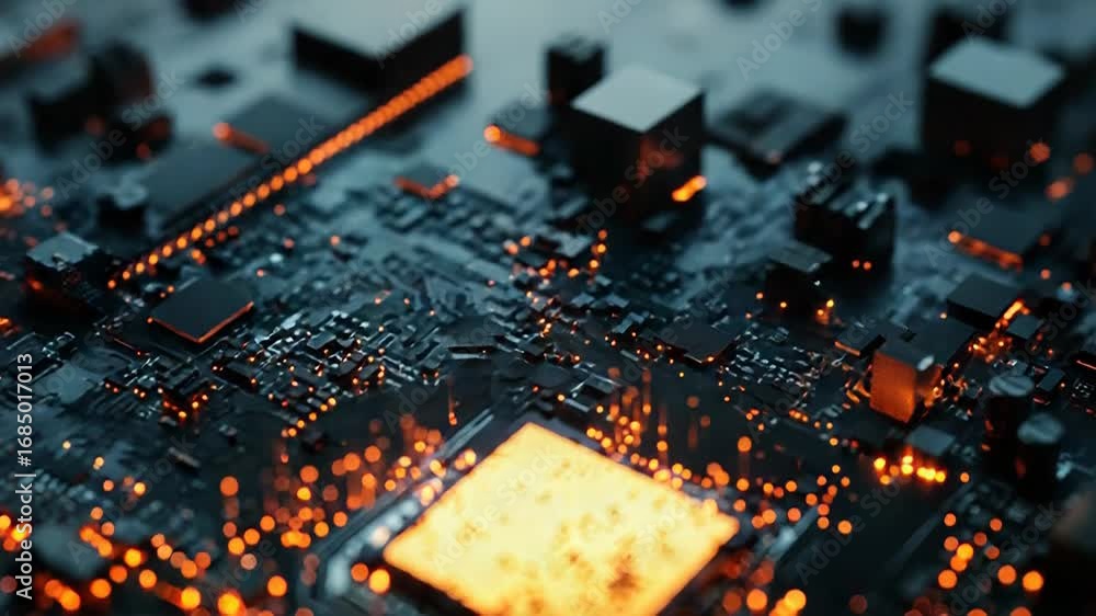 Poster cpu processing data on motherboard with orange lights