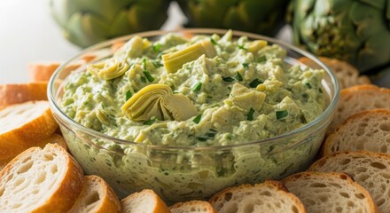 Delicious creamy artichoke dip with toasted baguette slices