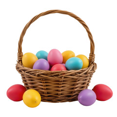 Colorful Easter Eggs in Wicker Basket on Transparent backgroundd