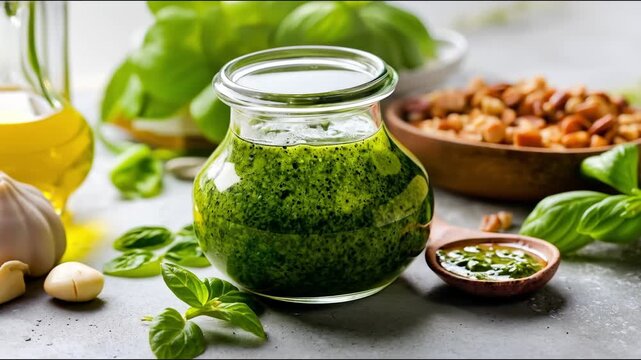 A jar of pesto sauce next to a bowl of garlic and other ingredients
