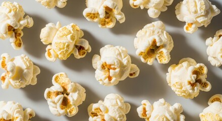 Freshly popped corn kernels scattered on a light surface