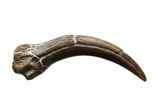 Close-up view of a fossilized claw, showcasing intricate texture and details against a plain black backdrop.