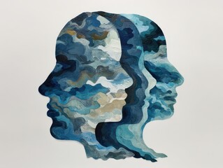 Mental, mind and brain concept. Psychology and subconscious. Stacked person head silhouettes. Abstract painting.