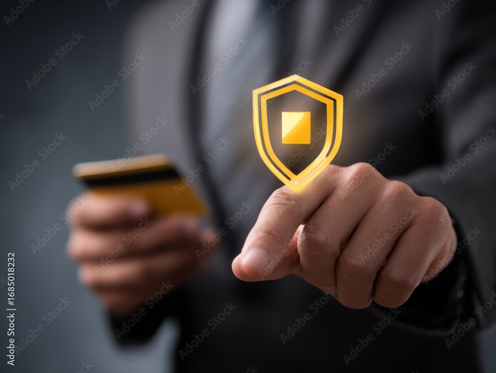 Poster mobile payment security protection. businessman interacting with a virtual shield icon for secure pa