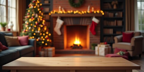 A warm and festive living room decorated for Christmas, featuring a glowing fireplace with hanging stockings, a lit Christmas tree, and comfortable furniture. A wooden table is in the foreground, read