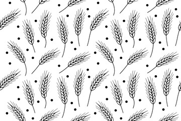 Seamless Pattern: Black Wheat Stalks and Dots on White Background