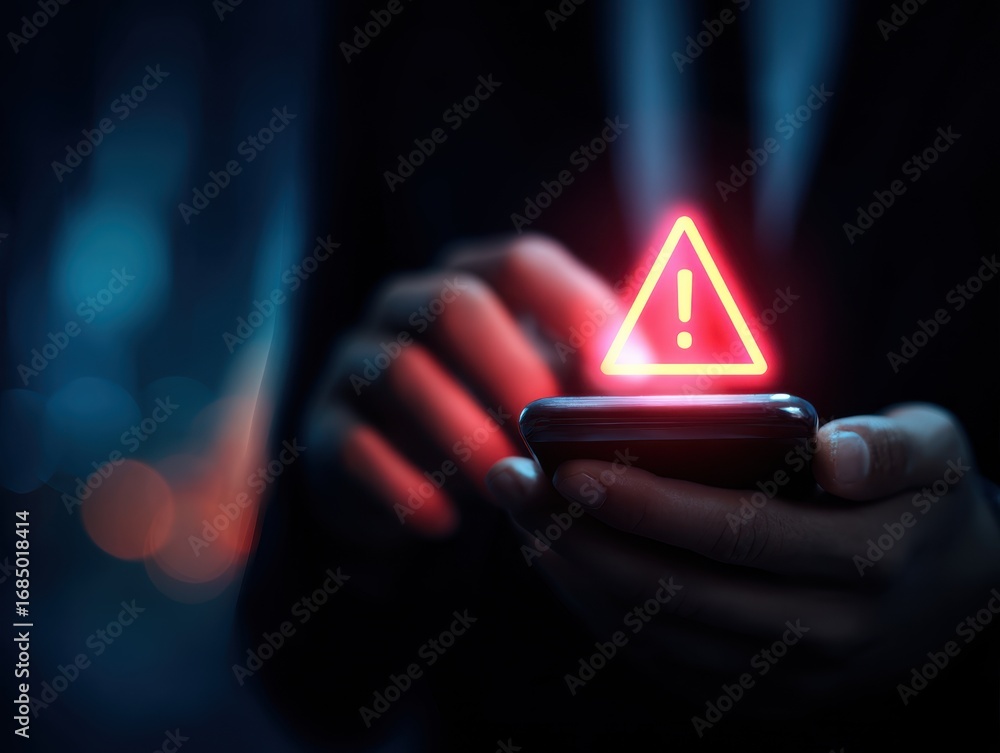 Poster mobile security alert, a man using a smartphone with a scam warning symbol to highlight the growing 