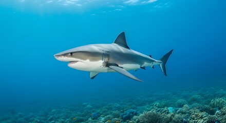 Naklejka premium Great white shark swimming in clear blue ocean water