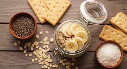 Fototapeta premium Healthy overnight oats with bananas and flaxseed
