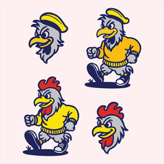Retro Cartoon Rooster Mascot Walking Angry Determined Character Set